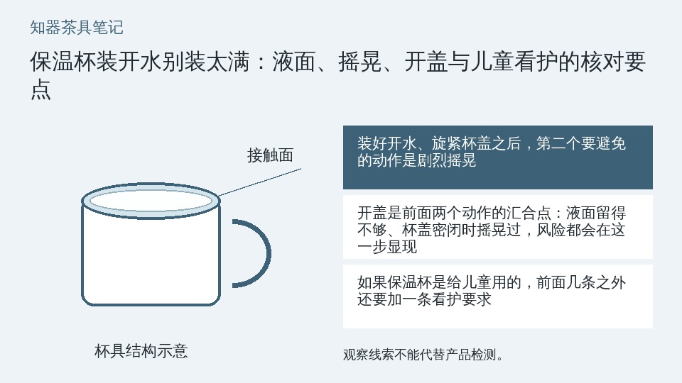 保温杯装开水别装太满：液面、摇晃、开盖与儿童看护的核对要点的知识要点示意图